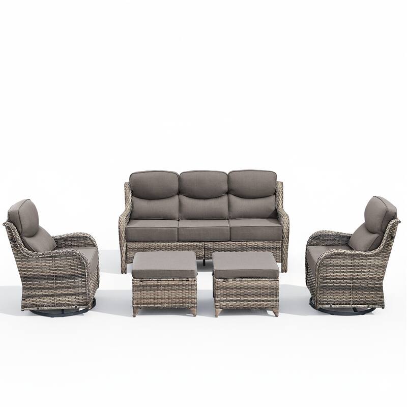 Arcadia 5-Piece Wicker Patio Conversation Set with Swivel Gliders and 6-Inch Thick Olefin Cushions