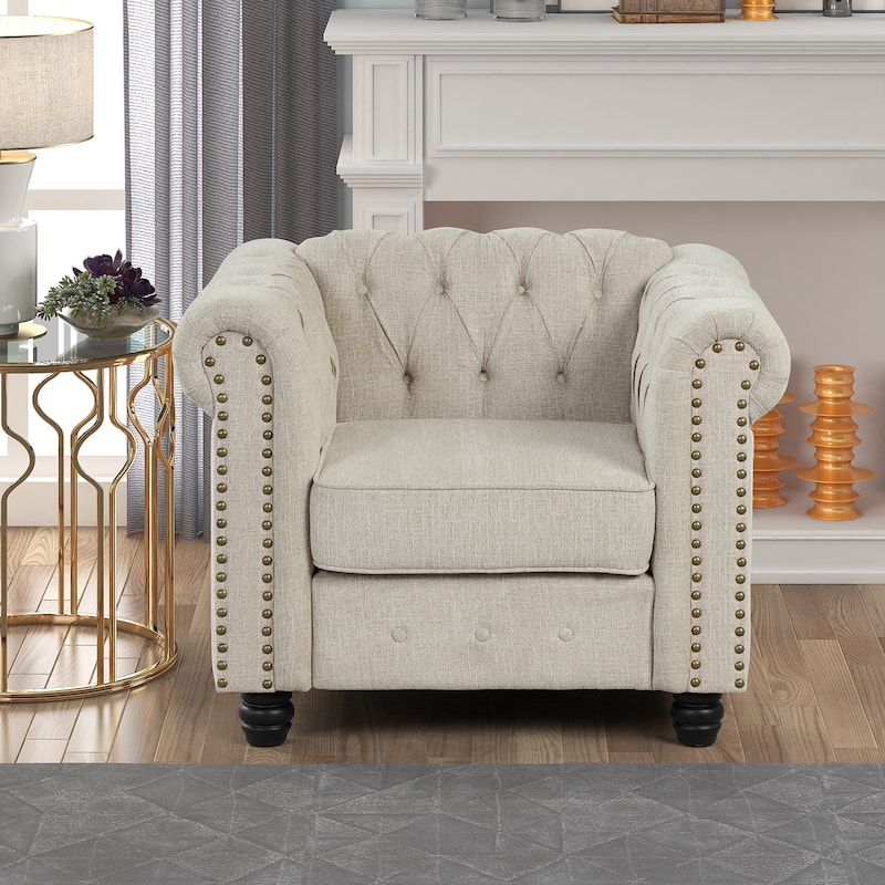 Morden Fort Button Upholstered Chesterfield Set Chair, Loveseat ,Sofa 3 PCS for Living Room,Linen,Solid Wood Legs
