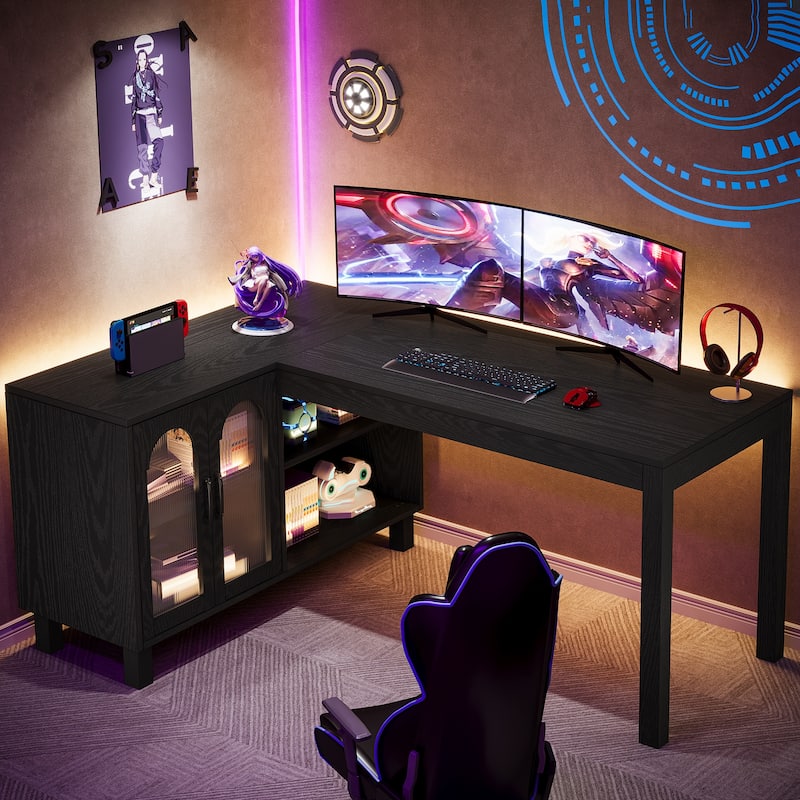 59-Inch Corner Computer Desk with File Cabinet and Shelves, L Shaped Executive Desk for Home Office
