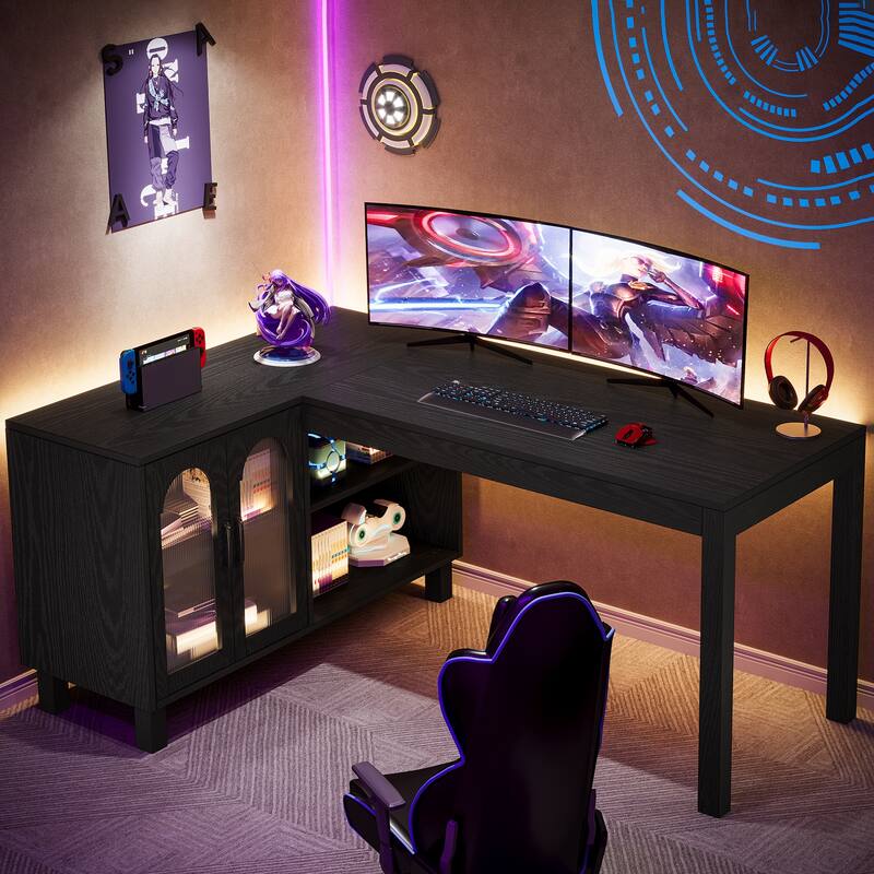 59-Inch L Shaped Desk with Storage Cabinet, Corner Executive Desk