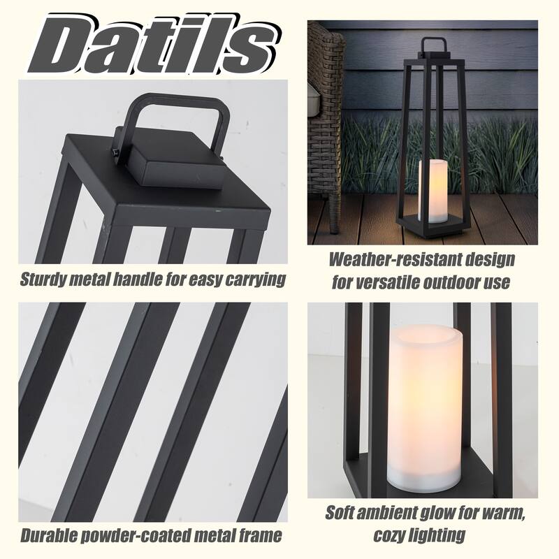 1 Light H16" Modern Matte Black Solar Lantern with Candle Shape Outdoor Light Decorative Portable Hanging LED Lights