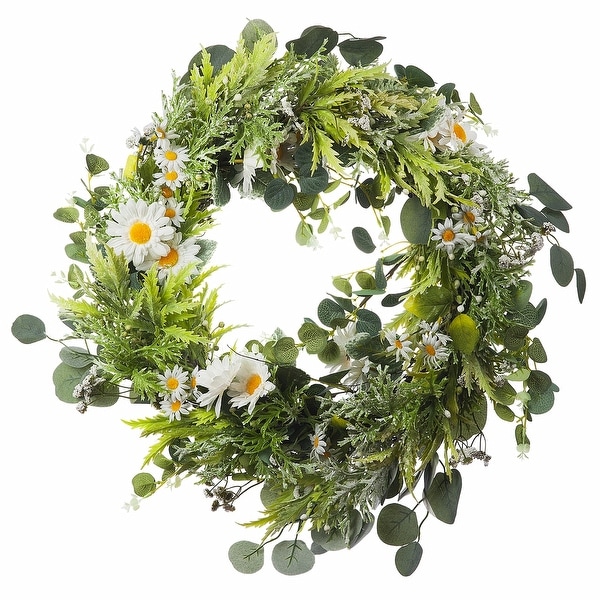 Enova Home 22" Artificial Daisy Flower Wreath with Green Leaves for Festival Celebration Front Door Wall Window Party Decoration