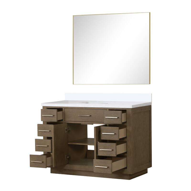 Abbey 48 in W x 22 in D Black Oak Single Bath Vanity, White Quartz Top, and 46 in Mirror