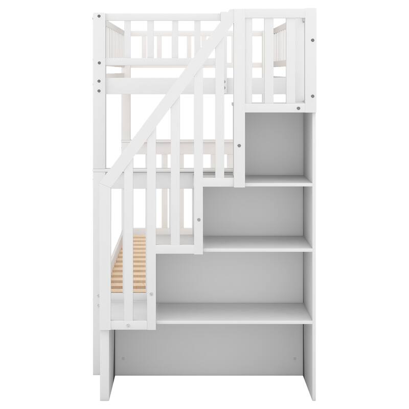 Twin Over Twin Wood Bunk Bed with Trundle, Shelves, Convertible to Three Beds