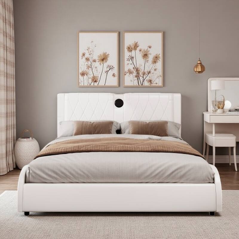 King Size Faux Leather Upholstered Platform Bed with RGB LED Lights, Bluetooth Speakers, Thickened Headboard - White - Queen