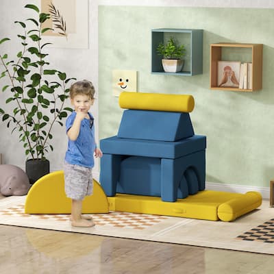 14-Piece Toddler Soft Foam Building Blocks Set Yellow and Blue Reconfigurable for Creative Play Cars Castles and Rockets
