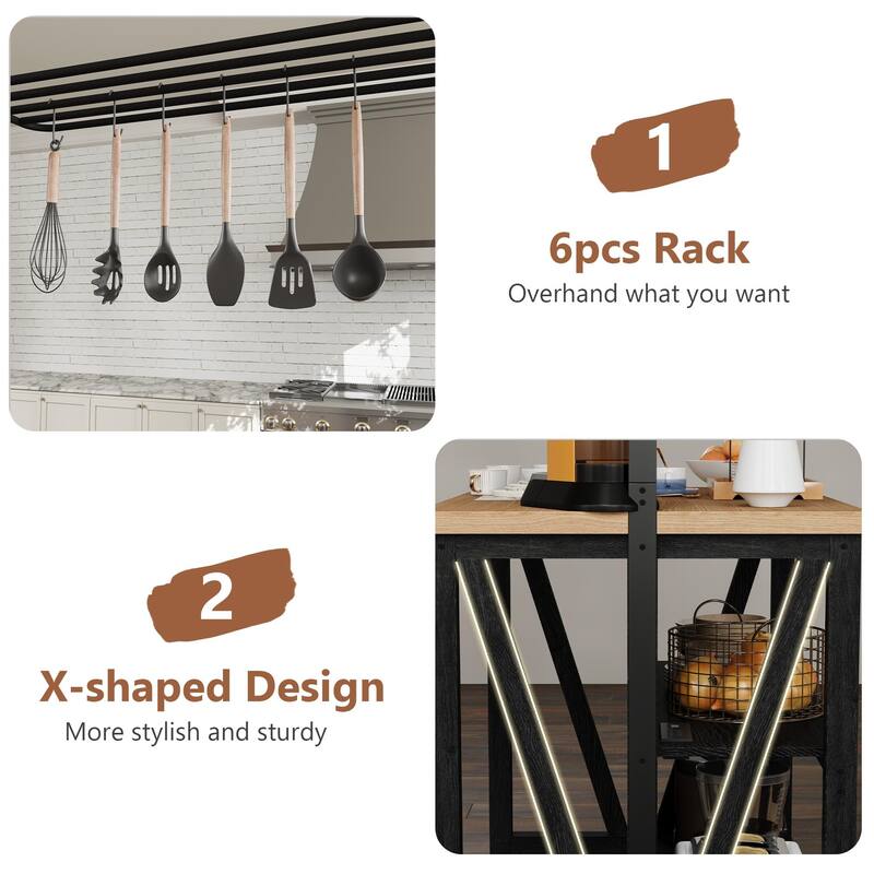 Kitchen Island with Power Outlet & LED Lights, Bakers Rack with Storage, Large Kitchen Island Table with 3 Tier