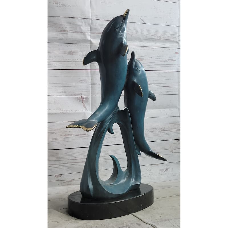 Hot Cast Bronze Leaping Imitative Dolphins Marine Life Sculpture Statue Decor Original Art