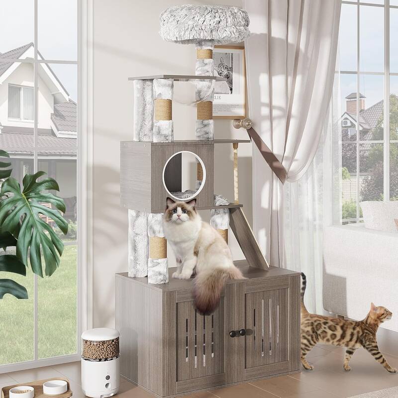 Cat Tree with Litter Box Enclosure for Cats with Large Platform - N/A
