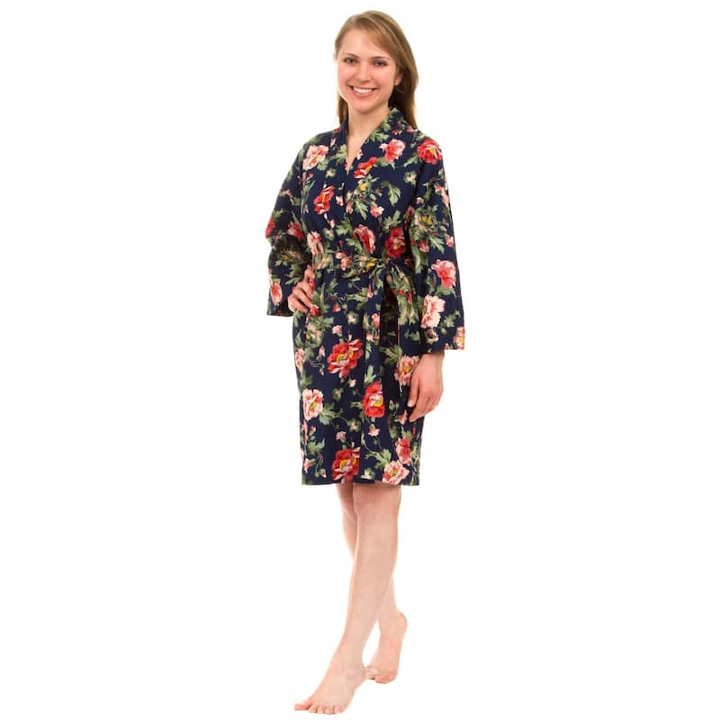 Leisureland Women's Cotton Poplin Robe, Short Kimono Floral Robe