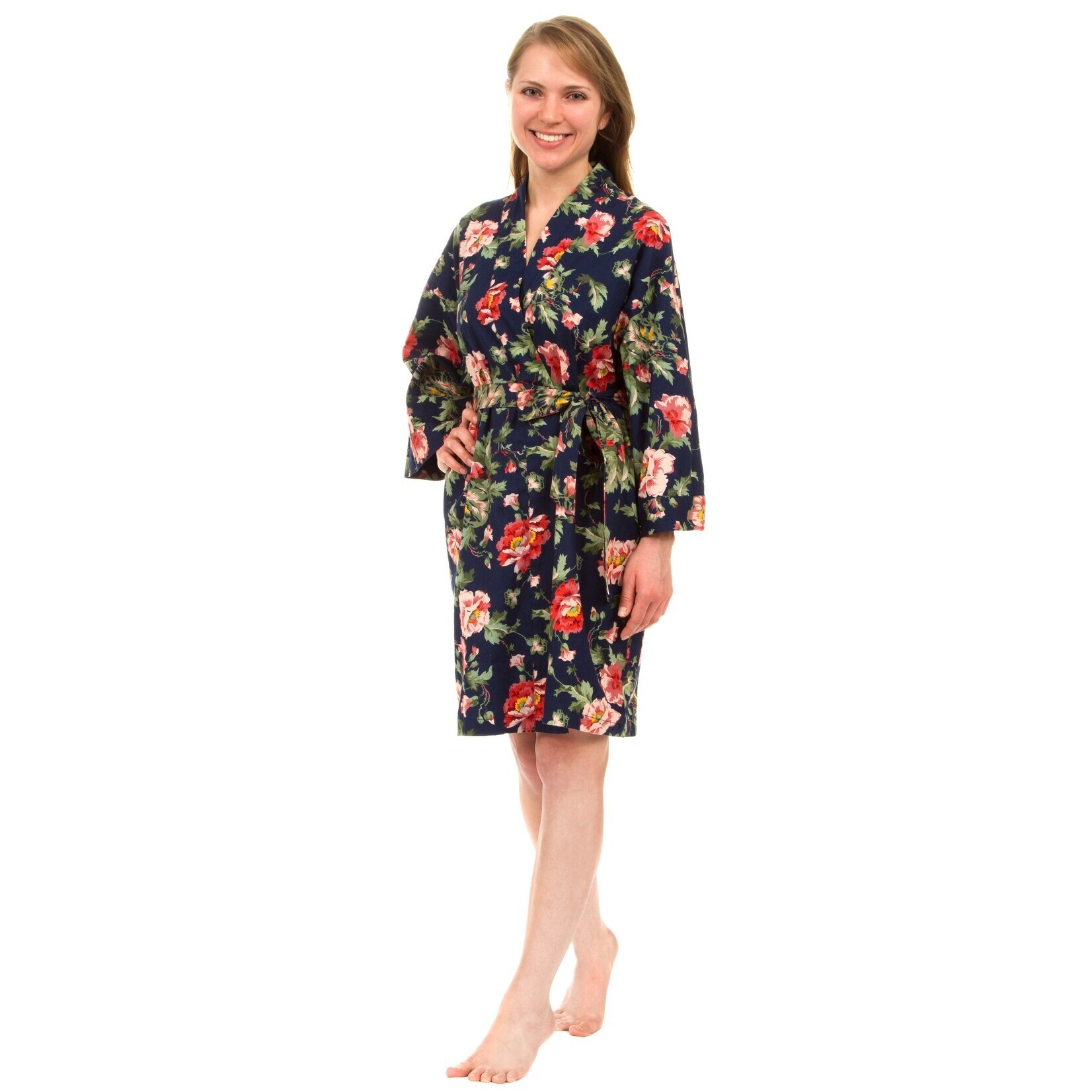 Leisureland Women s Cotton Poplin Robe Short Kimono Floral Robe XXL Navy Blue