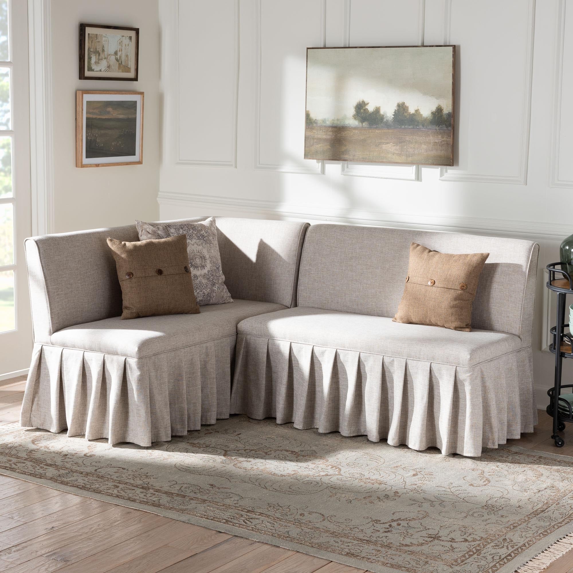 Bryna 2-Piece Fabric Upholstered Dining Nook Bench Set - Corner Kitchen Seating with Skirted Base, L-Shaped Nook, Beige