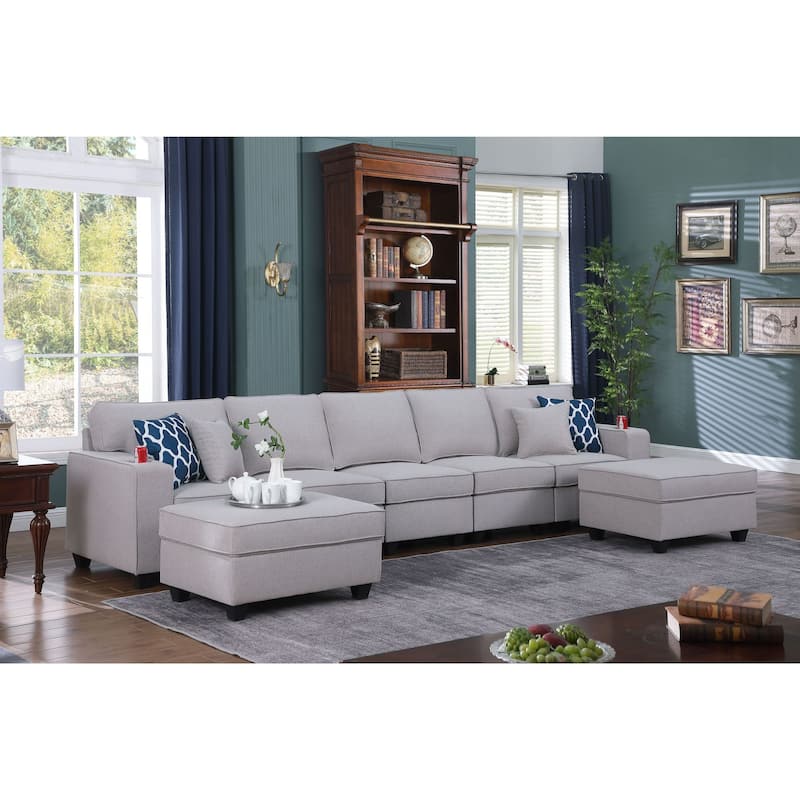 Linen Upholstered 5-Seater Sofa with 2 Ottomans in Light Gray - Light Gray/Brown