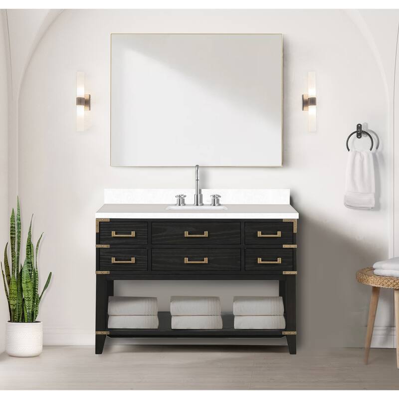 Norwalk 48 in W x 22 in D Black Oak Single Bath Vanity, White Quartz Top, and 46 in Mirror