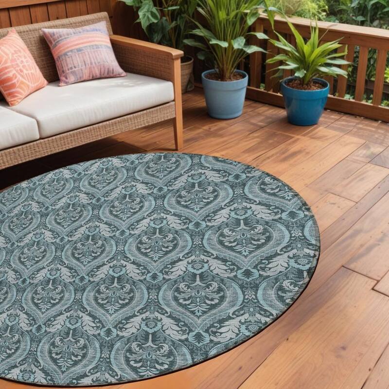 Talu Graceful Floral Weather Resistant Classic Meets Modern Outdoor Rug - 8' Round - Teal