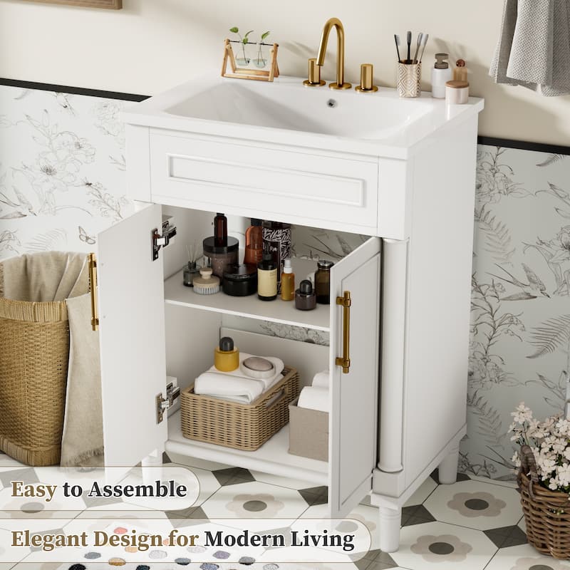 Elegant Bathroom Vanity Freestanding Storage Cabinet with Sink, 2 Doors, Gold Handles and Adjustable Interior Shelf