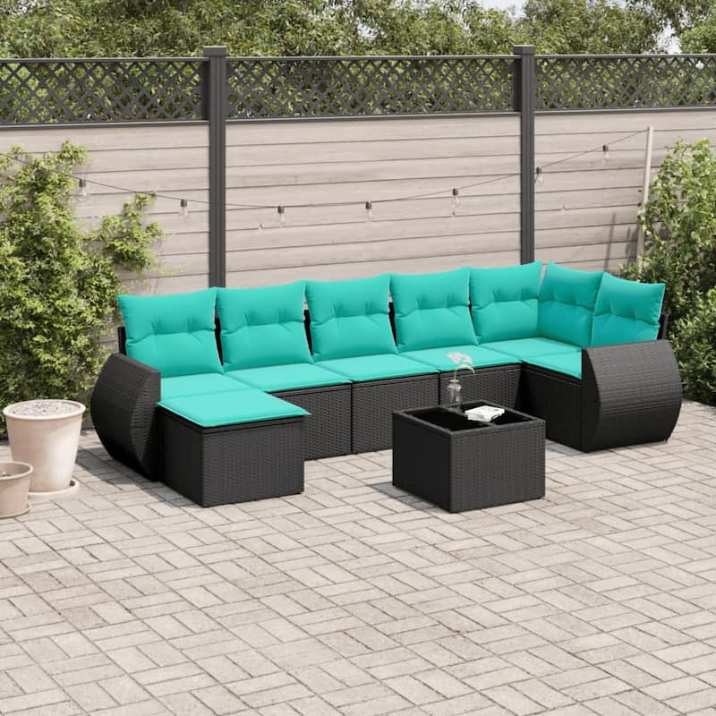 vidaXL 7/8 Piece Patio Sofa Set with Cushions Gray/Brown/Black Poly Rattan - 24.4" x 24.4" x 27.2" - Black and blue With table