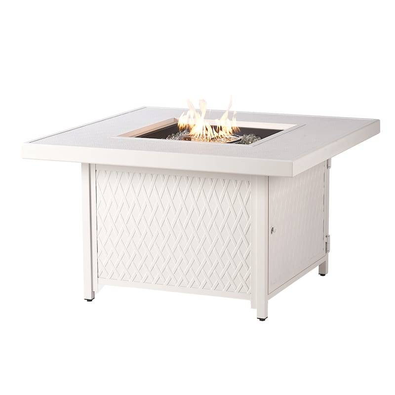 Square 42 in. x 42 in. Aluminum Propane Fire Pit Table with Glass Beads, Two Covers, Lid, 57,000 BTUs - N/A - White