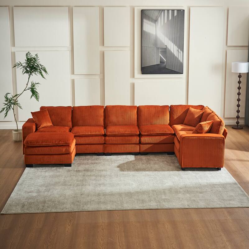 Modular Sectional Sofa for Living Room, U Shaped Sofa Couch with Ottoman and Three Toss Pillows, Corduroy Fabric Sofa Set - Orange