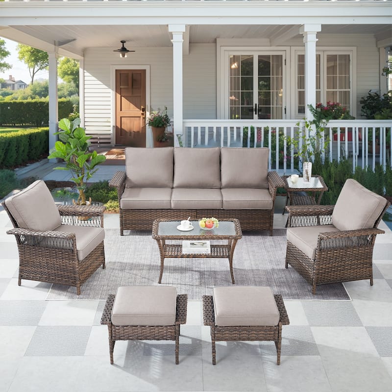 Patio Sofa with Club Chairs, Ottomans, Table - Grey - Brown