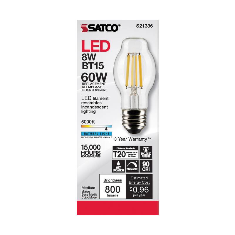 8 Watt BT15 LED - Clear - Medium base - 90 CRI - 5000K - 120 Volt
