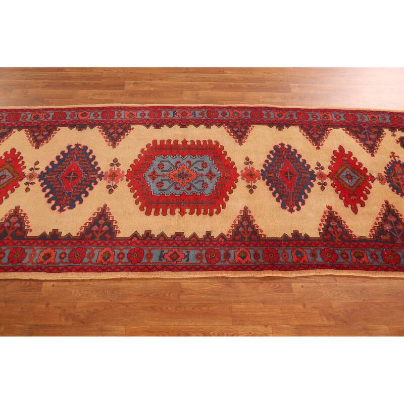 Hand Knotted Oriental 100% Wool Carpet Traditional Geometric Beige & Ivories Sarab Runner Rug - 9' 9'' X 3' 4''