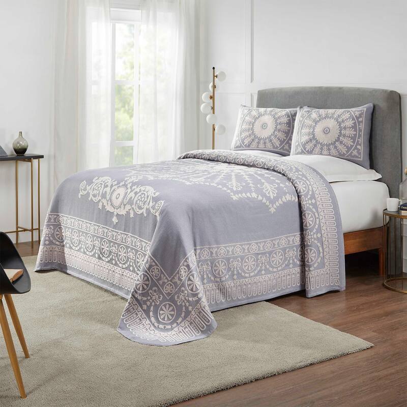 Superior Cotton Blend Oversized Classic Medallion Bedspread Set - Slate Blue - Full