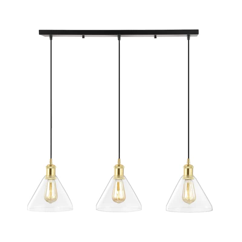 Kiawah Island 30.5" 3-Light Metal/Glass Contemporary Modern LED Pendant, Brass Gold/Black by JONATHAN Y