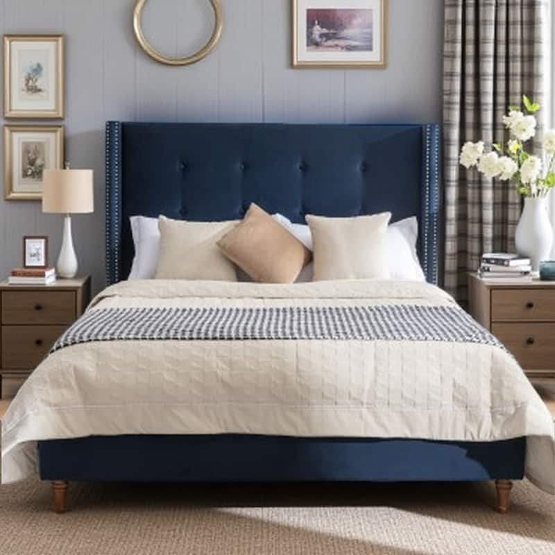 Velvet Queen Size Bed Frame with 54" Tufted Wingback Headboard, Nailhead Trim, Solid Wood Legs, Metal Support Frame - Queen Blue - Queen
