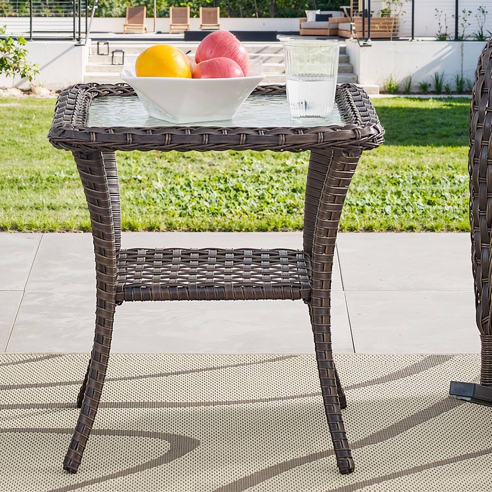 Outdoor Glass Top Wicker Table with Storage End Table Bed Bath