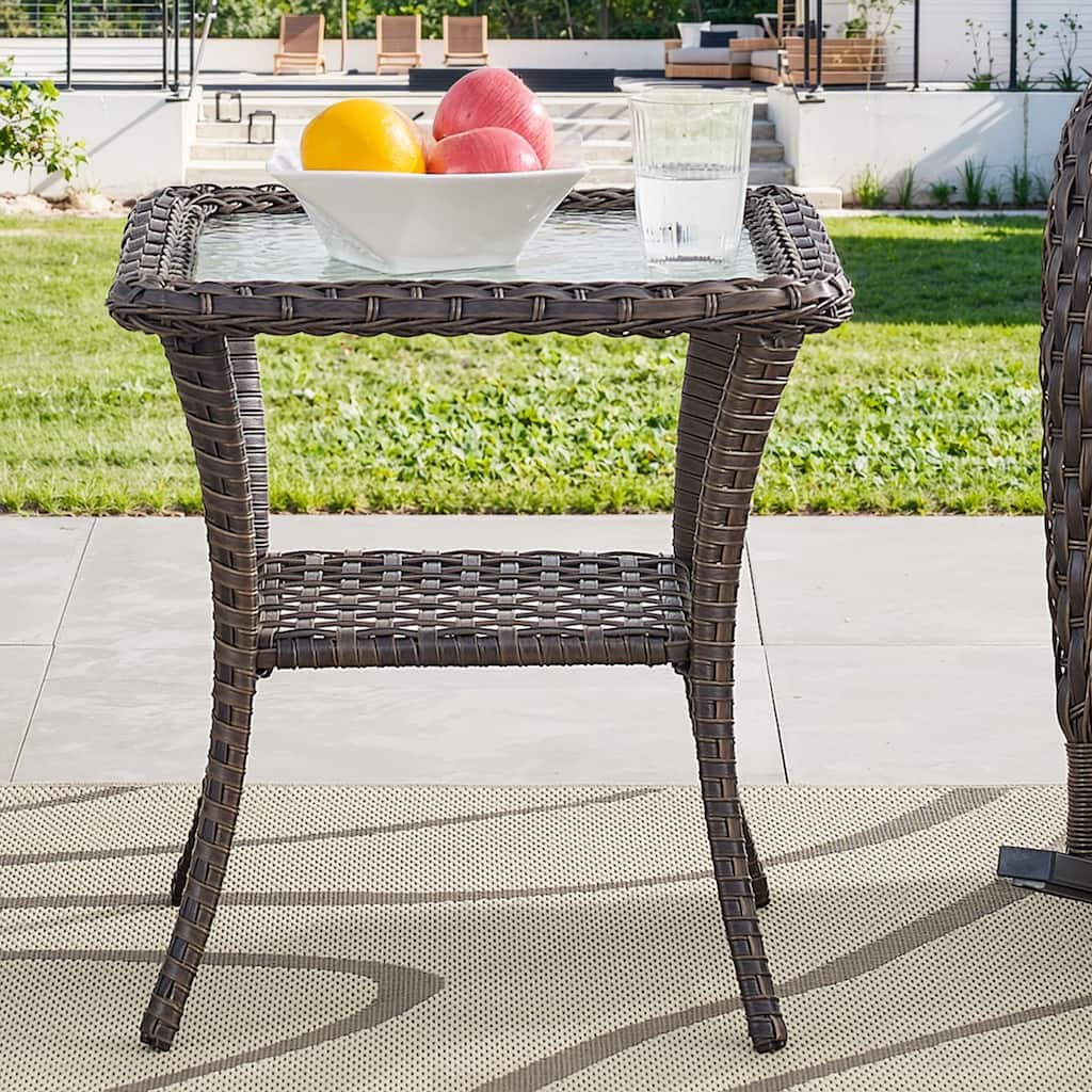 Outdoor Glass Top Wicker Table with Storage End Table
