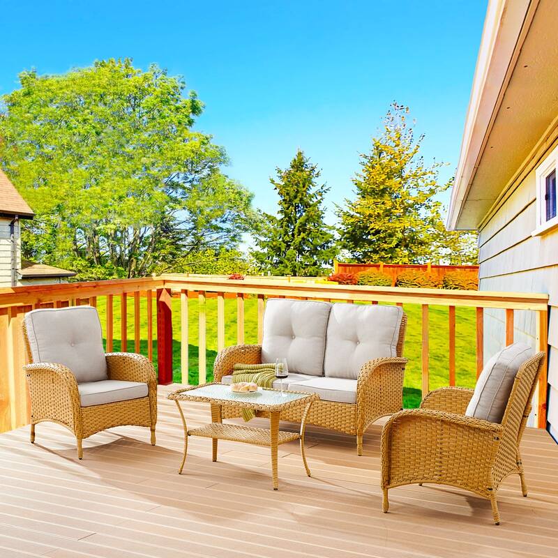 Pocassy Outdoor Loveseat Sofa with Table Funiture Set - Yellow Wicker Beige Cushion - 4PCS Loveseat Sofa with Chairs Set