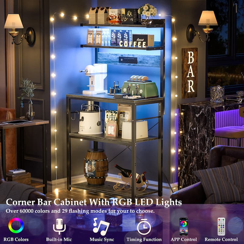 Bakers Rack Kitchen Storage Shelf with Power Outlets and RGB LED Lights,5 Tiers Coffee Bar Station,Microwave Stand