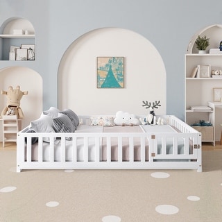 Full Size Floor Platform Bed with Fence and Door for Kids, Montessori Floor Bed Frame