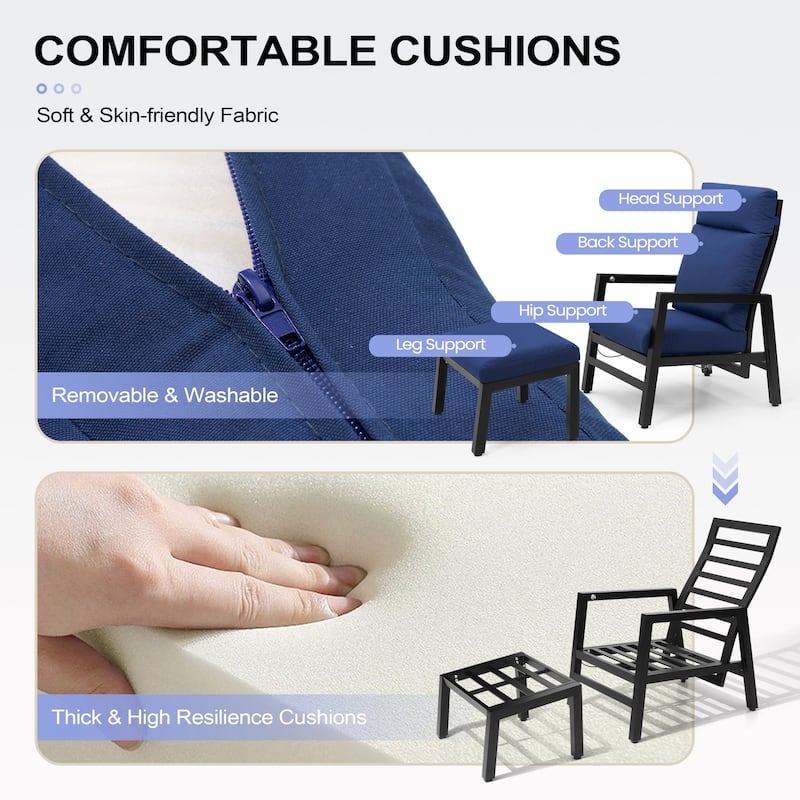 Aluminum Adjustable Back Patio Lounge Chairs and Ottoman with Cushion for Outdoor Indoor - See Picture