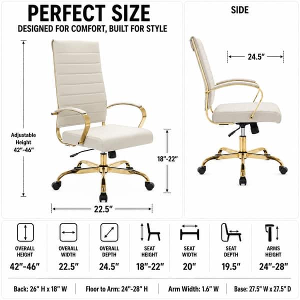 dimension image slide 4 of 8, Benmar Ribbed Leather Executive High Back Office Chair with Gold Frame, Swivel, Tilt, Lumbar Support