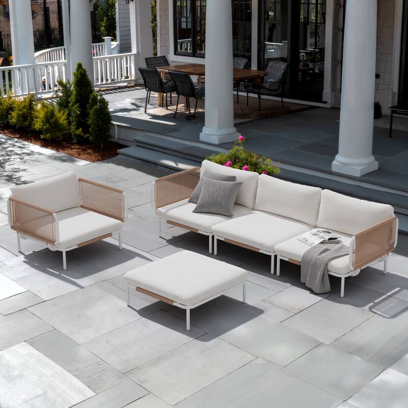 Pellebant Outdoor Sectional Sofa Patio Conversation Seating Set - Set of 5 - Beige-5PC