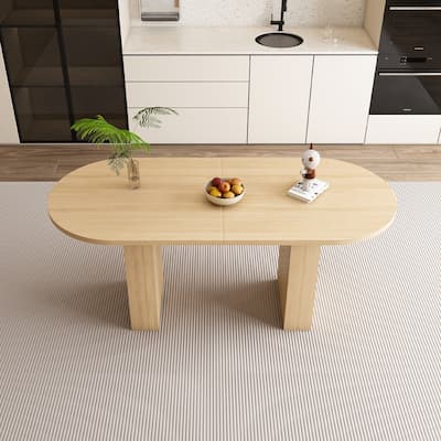 Farmhouse Oval Dining Table for 6 - 62.9 " Large Round Pedestal Table with Wood Strip Base, Natural Finish Dining Room Table .