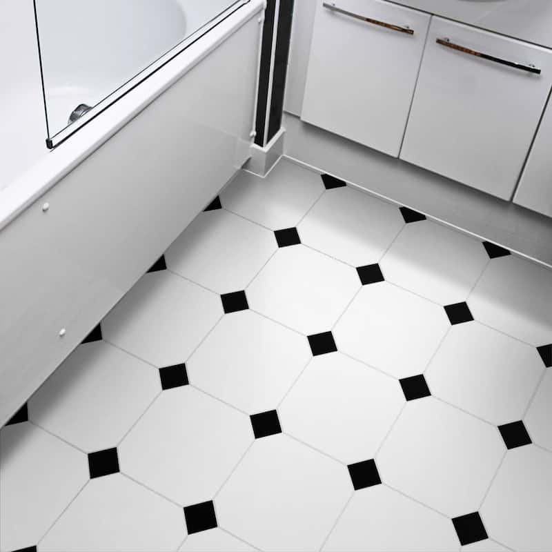 Merola Tile Monocolor Octagon Alaska with Taco Nero 12-1/4" x 12-1/4" Ceramic Floor and Wall Tile