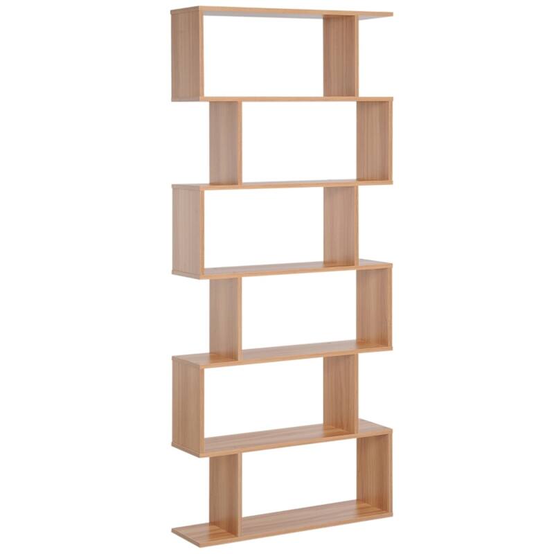Oak Engineered Wood S-Shaped 6-Tier Bookshelves Shelf with Anti-Tip Design - 31.5" L x 9" W x 75.5" H - Oak