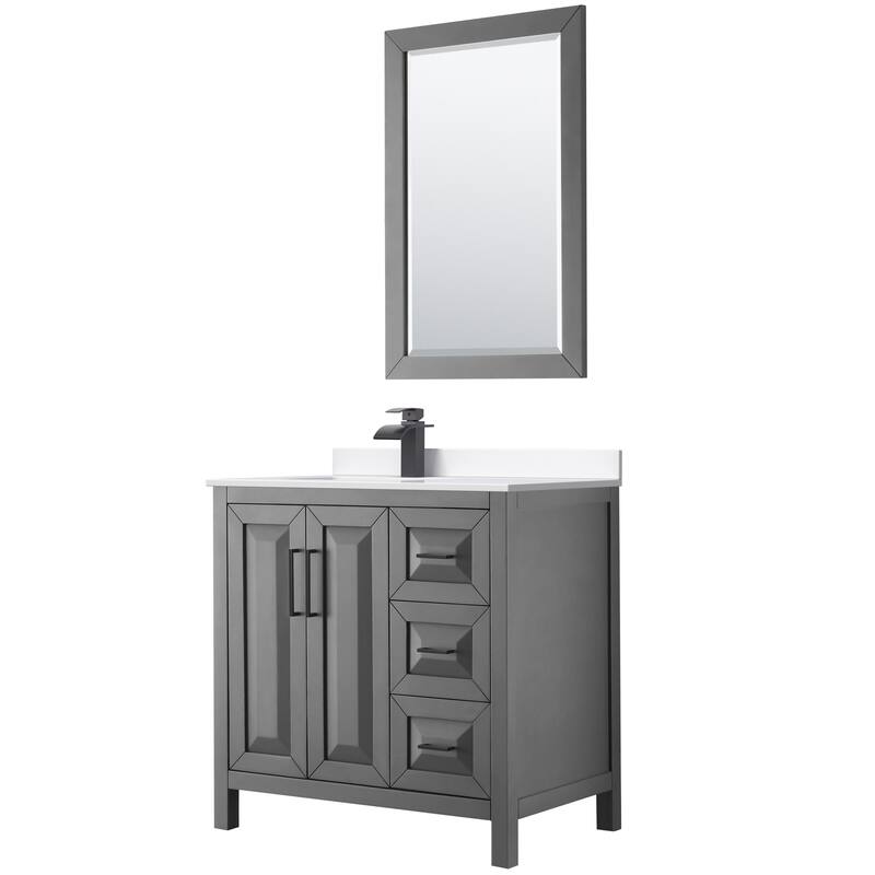 Daria 36-inch Single Vanity, Cultured Marble Top, 24-inch Mirror - Dark Gray, Black Trim, White Cultured Marble Top