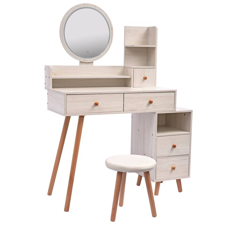 Stylish Vanity Table,Cushioned Stool,Touch Control LED Mirror,Large Capacity Storage Cabinet,5 Drawers,Length Adjustable