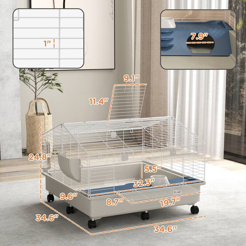 PawHut Small Animal Cage, Rolling Guinea Pig Cage with Water Bottle, Hay Feeder, Food Dish, Ramp, White
