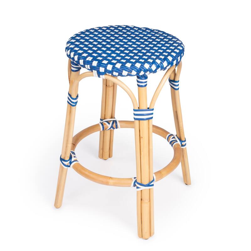 Tobias 24" Rattan Round Counter Stool - Blue/White Dot / Natural Rattan Frame