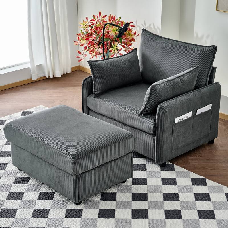 55" Oversized Chaise Lounge Chair Indoor with Ottoman and Storage , Comfy Corduroy Single Sofa
