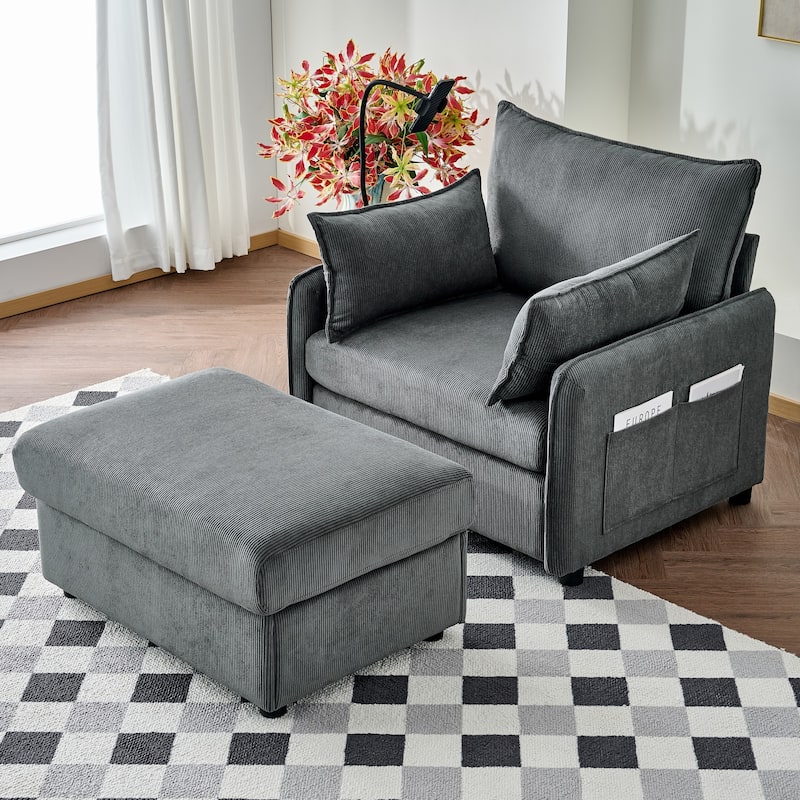 Corduroy Single Sofa Armchair & Storage Ottoman Set with 360° Adjustable Phone Holder, Built-in USB and Side Pockets