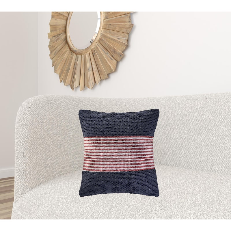 HomeRoots 20" X 20" Blue And Red 100% Cotton Striped Zippered Pillow
