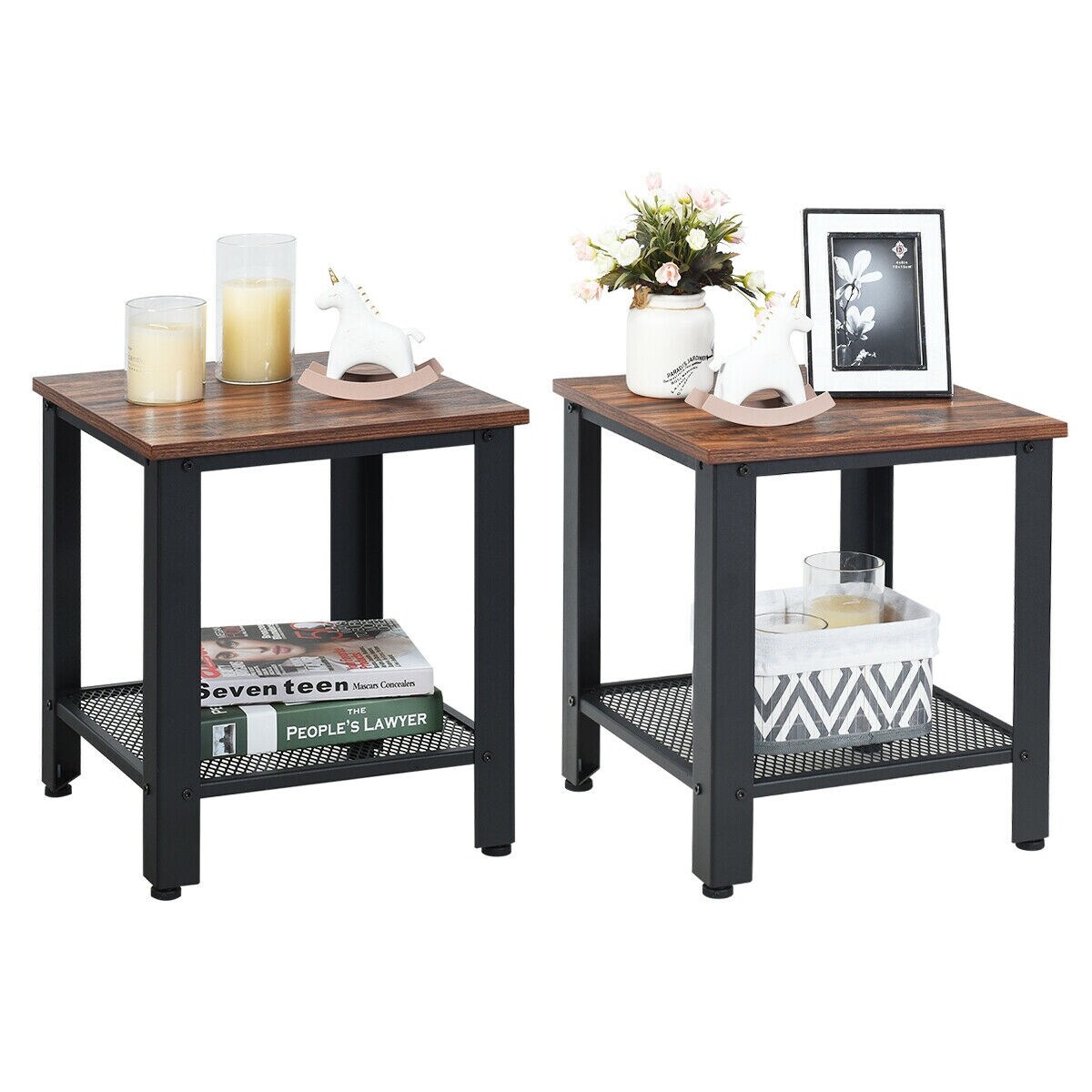 Shop Gymax Set Of 2 Industrial End Table 2tier Side Table W Storage Shelf Sofa Table Black Overstock 28916156