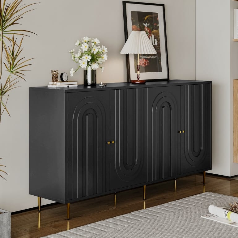 Sideboard Cabinet with 4 Door, Wood Storage Cabinet with Gold Knobs and Legs, Entryway Table with Adjustable Shelves