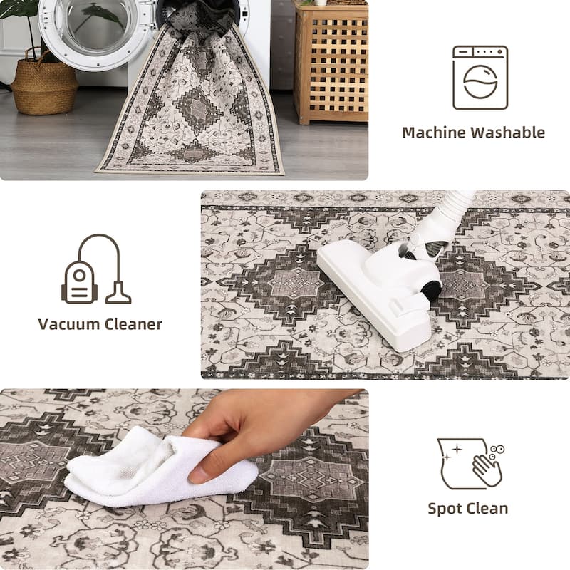 Washable Area Rug Vintage Boho Rug Low Pile Non-Slip Area Rugs Soft Foldable Indoor Carpet